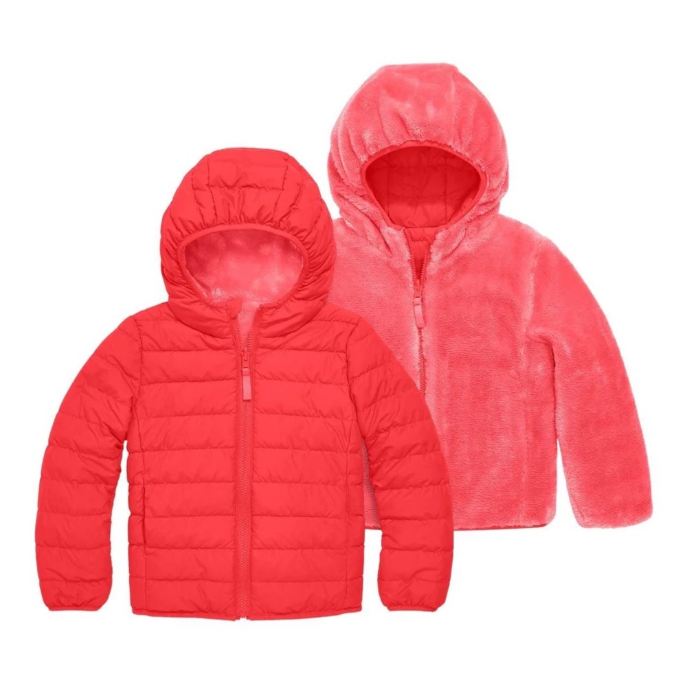 Primary Reversible Coral-Red Puffer & Fleece Hooded Jacket | 3T